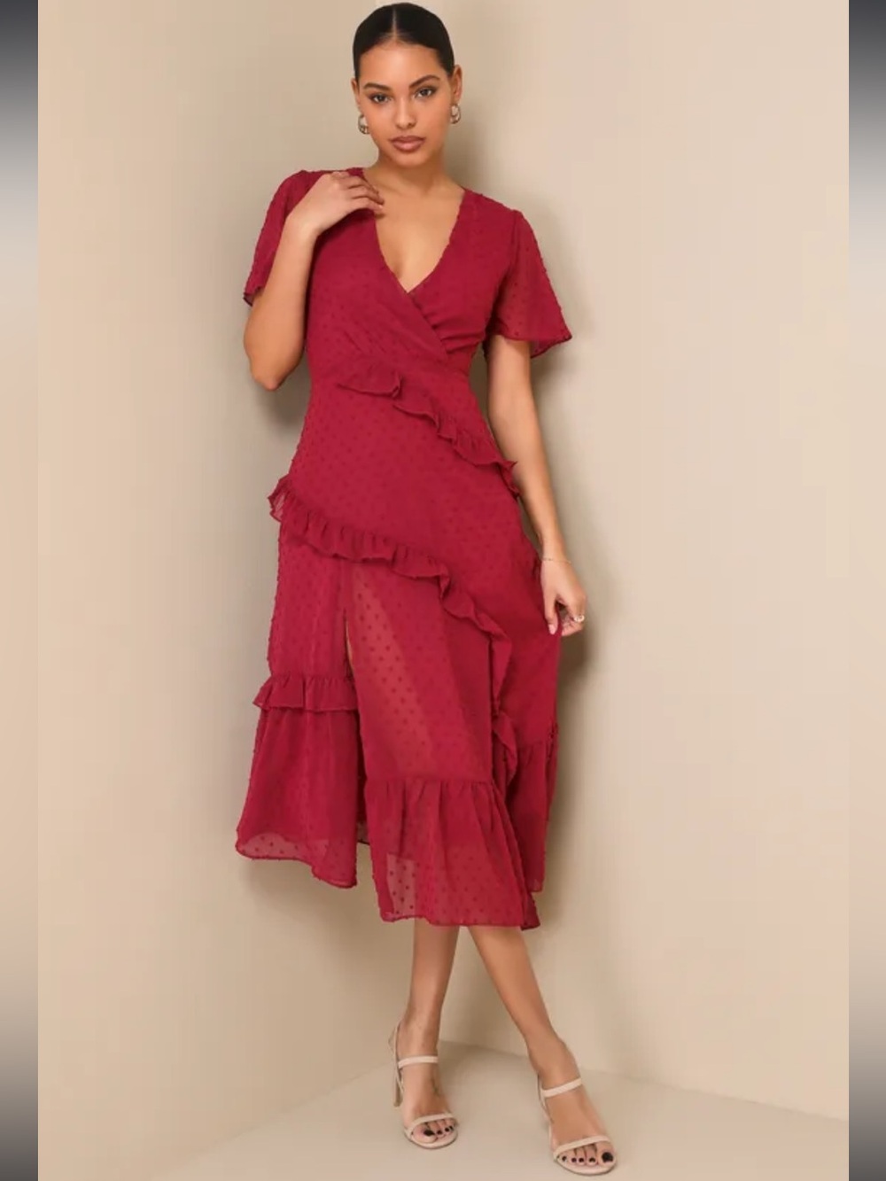 Lulus Next To You Plum Swiss Dot Ruffled Midi Dress